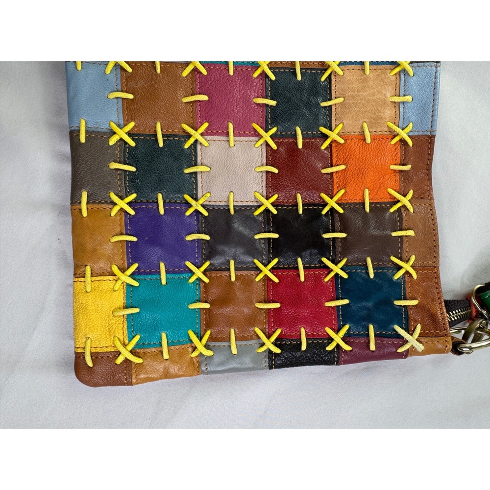 AmeriLeather Patchwork Leather Crossbody Bag Multicolor Whipstitch Hobo - Picture 8 of 16